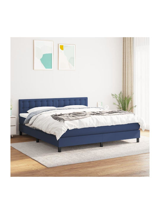 Bed Queen Upholstered with Fabric Blue with Sla...