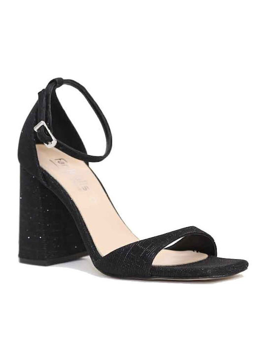 Fardoulis Fabric Sandals with Strass Black Glitter