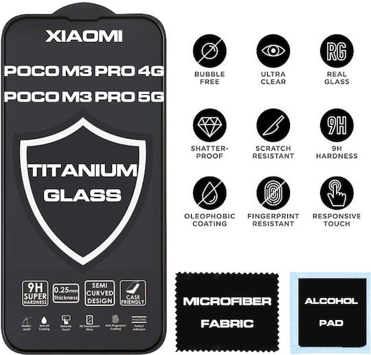 TITANIUM 0.25mm Full Glue Full Face Tempered Glass Μαύρο (Redmi Note 10 5G / Poco M3 Pro)