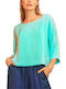 Moutaki Women's Crop Top Satin with 3/4 Sleeve Turquoise