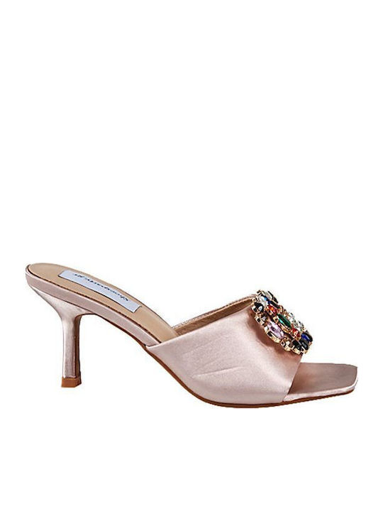Elenross Satin Mules with Thin High Heel in Bei...