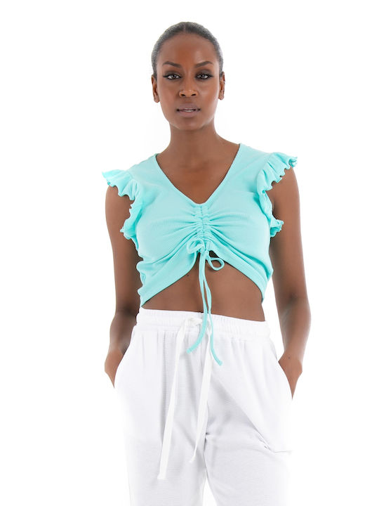 Only Women's Summer Crop Top Cotton Sleeveless with V Neckline Light Aquamarine