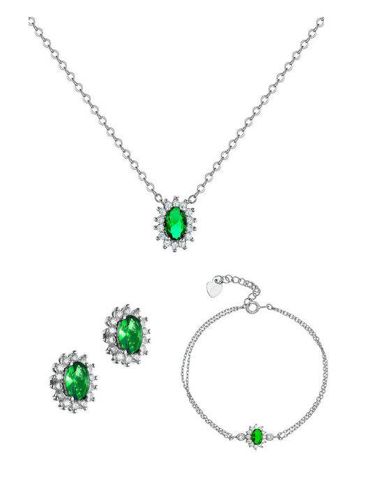 Silver 925 Oval Rosette Set consisting of necklace, bracelet & earrings with green center stone and white perimeters SET-216700W