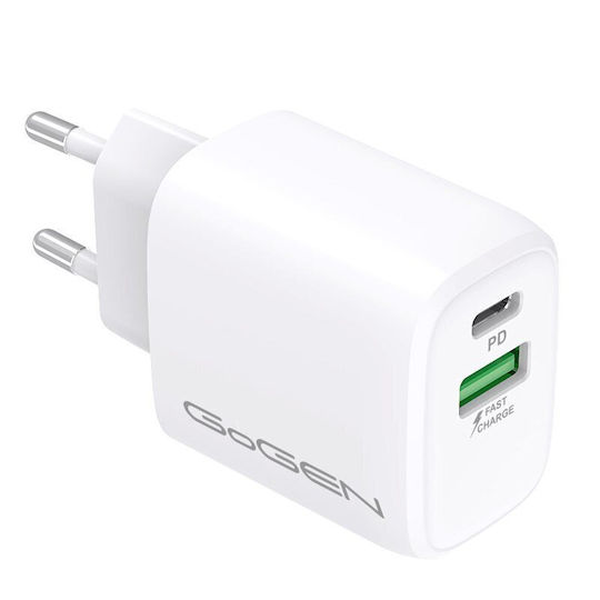 GoGEN Φορτιστής Χωρίς Καλώδιο με Θύρα USB-A και Θύρα USB-C 20W Power Delivery Λευκός (ACHPDQ220)