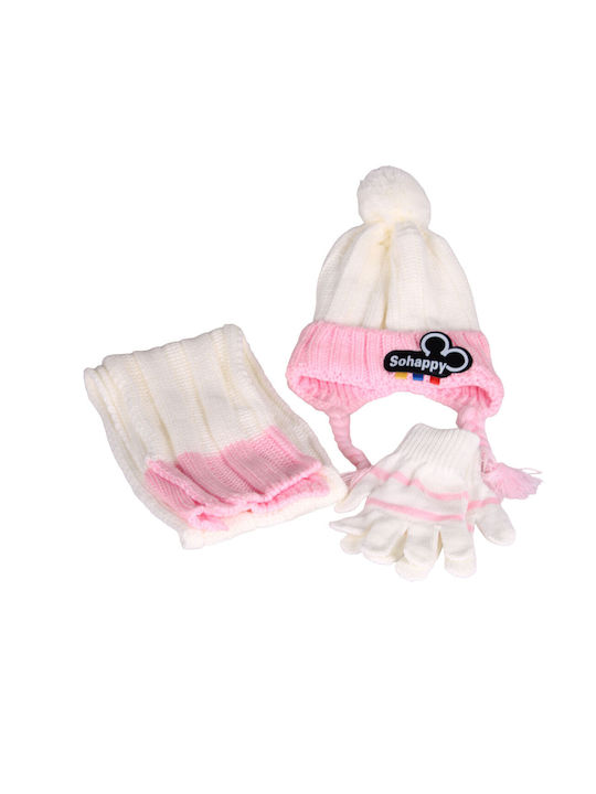 Σετ παιδικό από κασκόλ, σκουφί και γάντια 100% ακρυλικό με γούνινη επένδυση one size λευκό ροζ