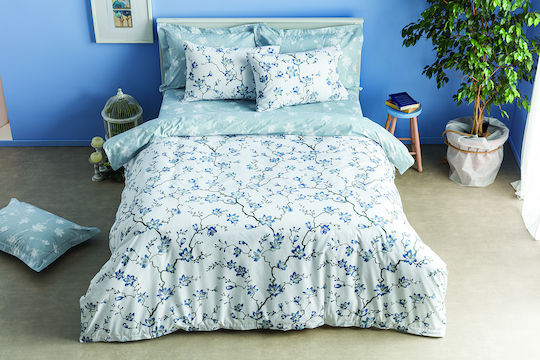 Charalambidis Textiles Бадемово дърво Покривало Единично от Памук & Полиестер Светлосин 160x230см