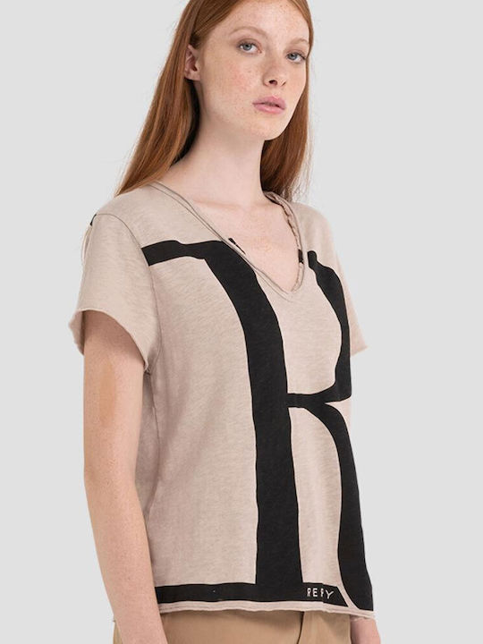 Replay Γυναικείο T-shirt Μπεζ με Λαιμόκοψη V και Στάμπα