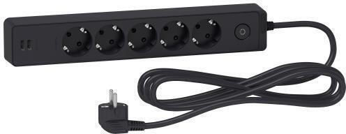 Schneider Electric Πολύπριζο 5 Θέσεων με 2 USB-A, Διακόπτη και Καλώδιο 3m