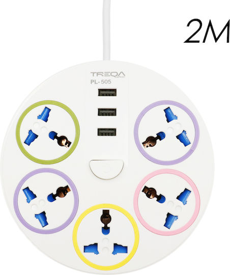 Treqa PL-505-2M Power Strip 5 Sockets with 3 USB-A, Switch and Cable 2m UK (Type G)