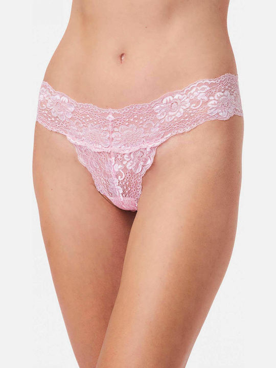 Minerva Βαμβακερό Γυναικείο String με Δαντέλα Ροζ