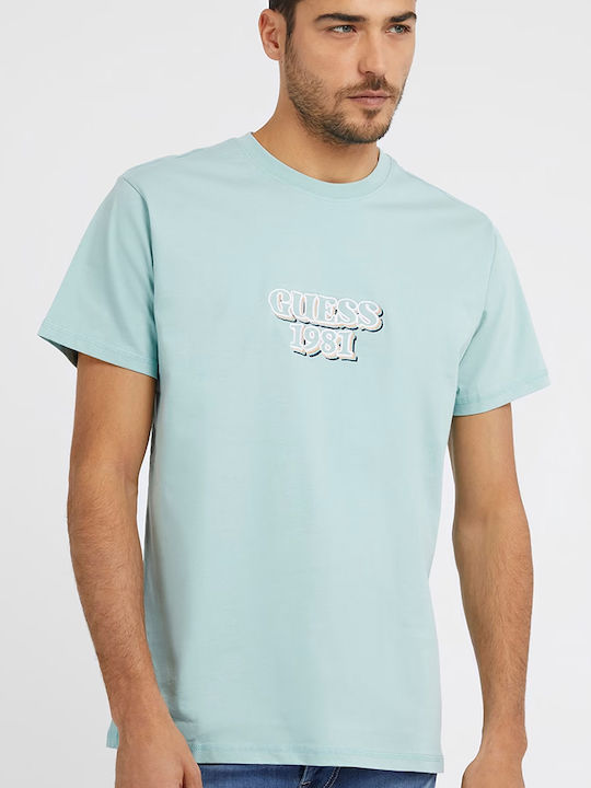 Guess Ανδρικό T-shirt Γαλάζιο με Στάμπα