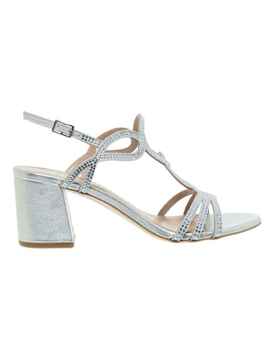 Mourtzi Leather Women's Sandals with Strass Silver with Chunky Medium Heel