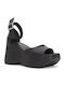 Women's Leather Ankle Strap Platforms Black