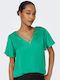 Only Women's Summer Blouse Short Sleeve with V Neckline Green