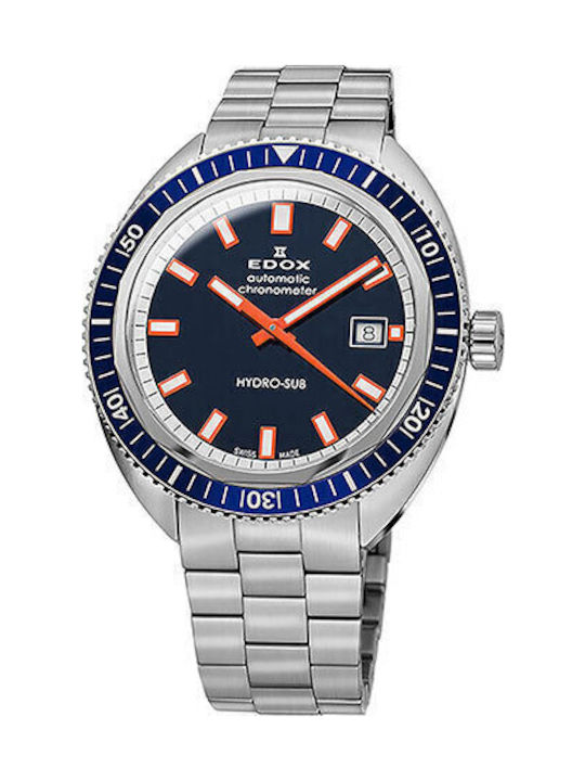 Edox Hydro-Sub Ανδρικό Ρολόι 42mm Αυτόματο με Ασημί Μεταλλικό Μπρασελέ