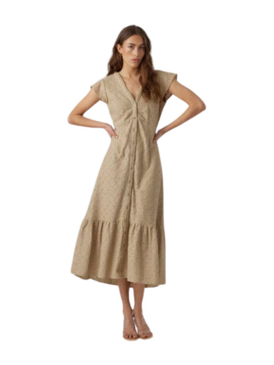 Summer Midi Shirt Dress Dress with Ruffle Beige