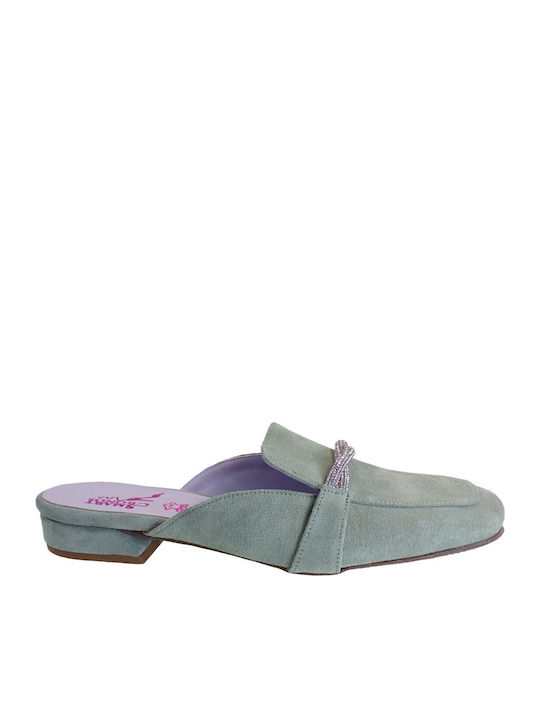 Flat Leather Mules in Turquoise Color
