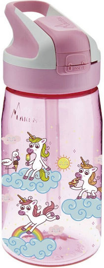 Laken Sticlă Pentru Copii Unicorni Plastic Cu Pai Roz 450ml