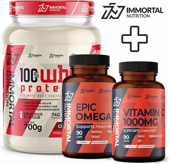 Immortal Nutrition 100% Whey Protein 100% суроватъчен протеин 700gr банан, Epic Omega 3 90 софтгела и витамин C 1000mg 90 капсули
