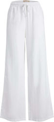 Jack & Jones Γυναικεία Ψηλόμεση Λινή Παντελόνα με Λάστιχο σε Relaxed Εφαρμογή σε Λευκό Χρώμα