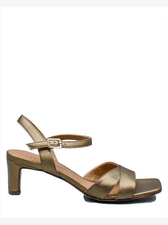 Paola Ferri Leather Women's Sandals Gold with Chunky Medium Heel