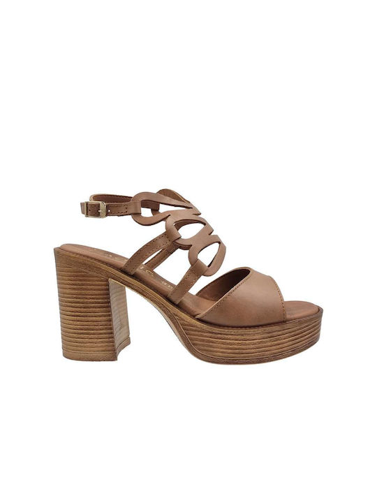 Harris Leather Women's Sandals Brown with Chunky High Heel