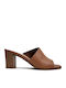 Leather Mules with Chunky High Heel in Tabac Brown Color