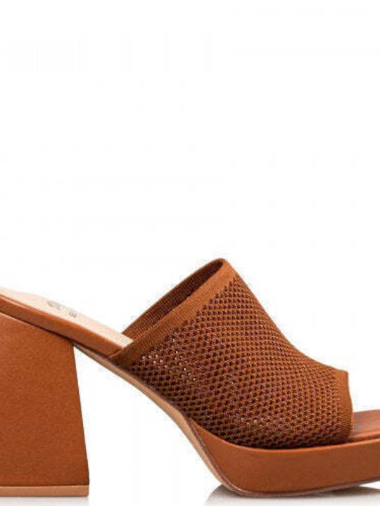 Envie Shoes Δερμάτινα Mules με Χοντρό Ψηλό Τακούνι σε Ταμπά Χρώμα