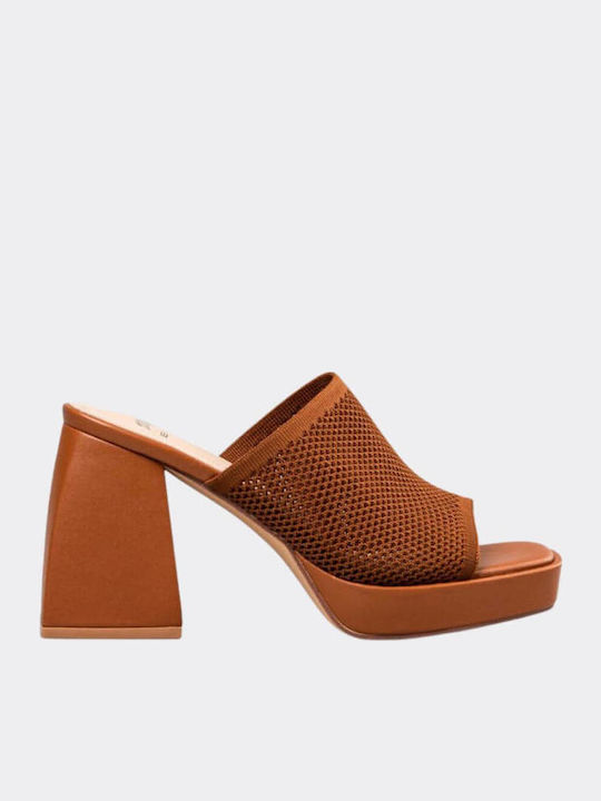 Leather Mules with Chunky High Heel in Tabac Brown Color