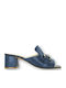 Leather Mules with Chunky Low Heel in Blue Color
