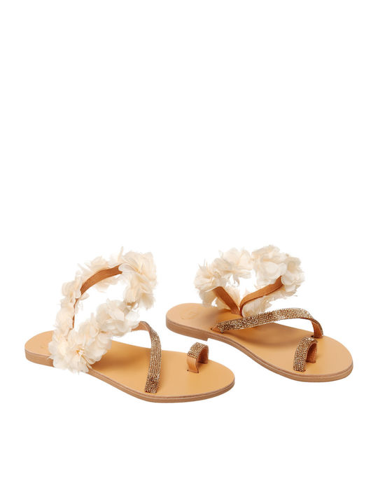 Leather Women's Flat Sandals in Beige Color