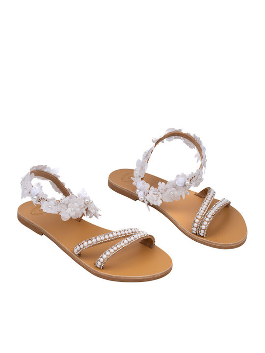 Leather Women's Flat Sandals in White Color