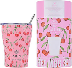 Estia Coffee Mug Save The Aegean Sticlă Termos Oțel inoxidabil Fără BPA Cherry Rose 350ml cu Paie