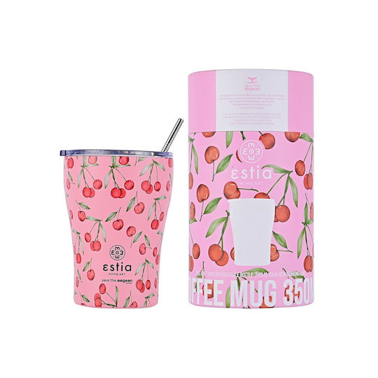 Estia Coffee Mug Save The Aegean Ανακυκλώσιμο Ποτήρι Θερμός Ανοξείδωτο BPA Free 350ml Cherry Rose με Καλαμάκι
