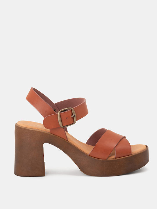 Bozikis Platform Synthetic Leather Women's Sandals Tabac Brown with Chunky High Heel K23-002-3012 Δ-ΤΑΜΠΑ