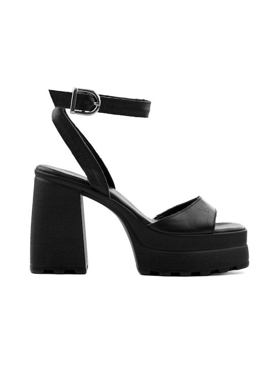 Commanchero Original Platform Leather Women's Sandals with Ankle Strap Black with Chunky High Heel