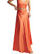 Attrattivo Satin High Waist Maxi Skirt in Orange color