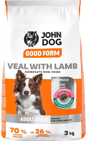 John Dog Good Form 3kg Trockenfutter für erwachsene Hunde mittelgroßer & großer Rassen mit Lamm und Kalb