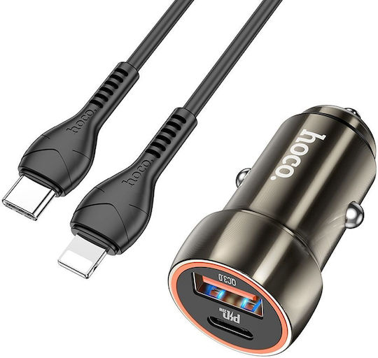 Hoco Z46A Car Charger 20W 3A Fast Charging with Ports 1xUSB 1xType-C with Lightning Cable Grey Colour