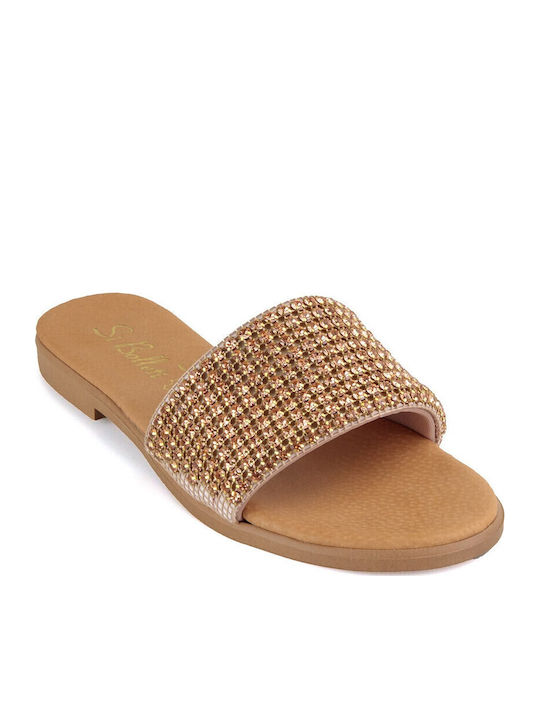Leder Flache Sandalen für Damen in Gold Farbe