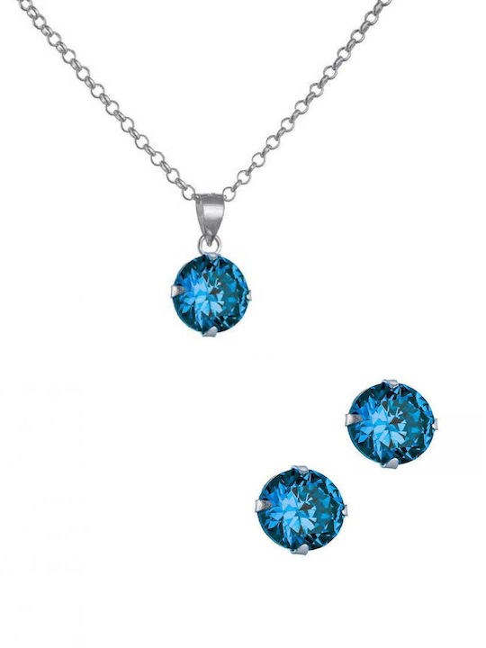 Silver 925 Set consisting of necklace & earrings with blue zircon stones SET-218000W