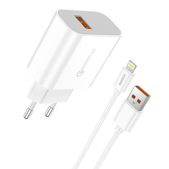 Foneng Ladegerät mit USB-A Anschluss und Kabel Blitzschlag 18W Schnellaufladung 3.0 Weißs (EU46)