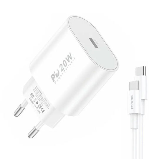 Foneng Φορτιστής με Θύρα USB-C και Καλώδιο USB-C - USB-C 20W Power Delivery Λευκός (EU39)