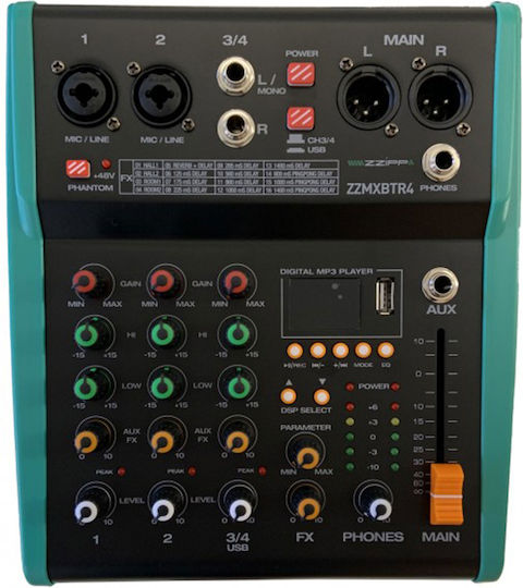 ZZiPP ZZMXBTR4 Analoger Mischpult 4 Kanäle mit Phantom Power & 2 XLR-Eingänge & Bluetooth