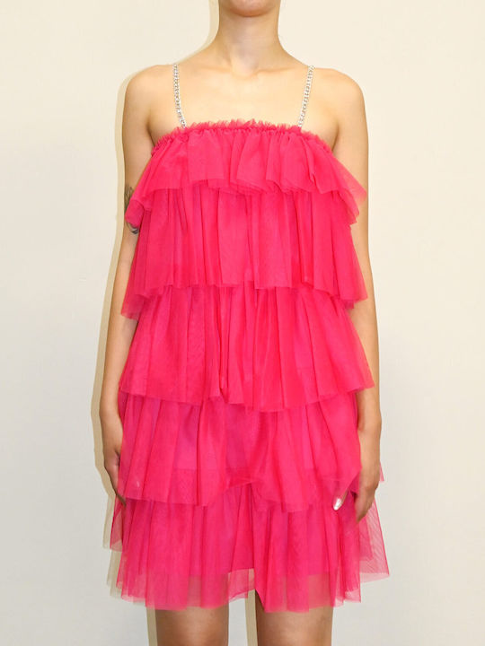 Hellen Batterr Summer Mini Evening Dress Strapless with Tulle Fuchsia