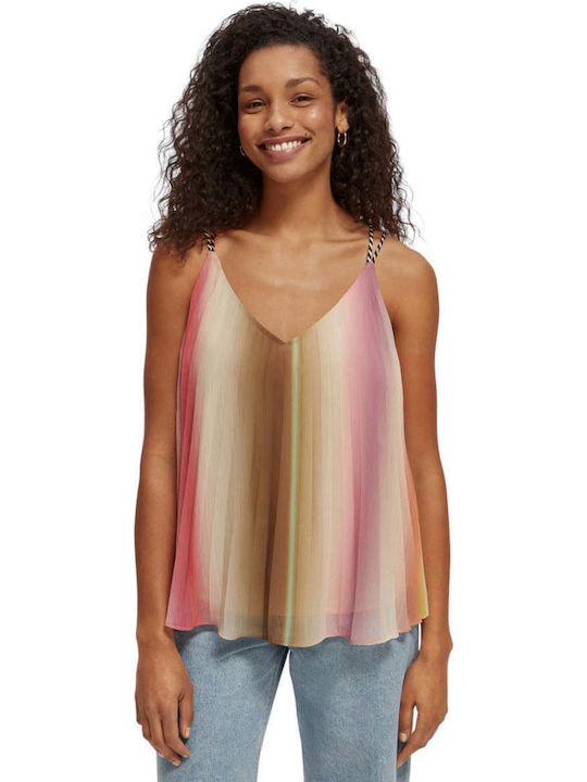Pleated Rainbow Women's Summer Blouse with Straps & V Neckline Striped Multicolour