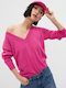 GAP Women's Summer Blouse Linen Long Sleeve with V Neckline Pink