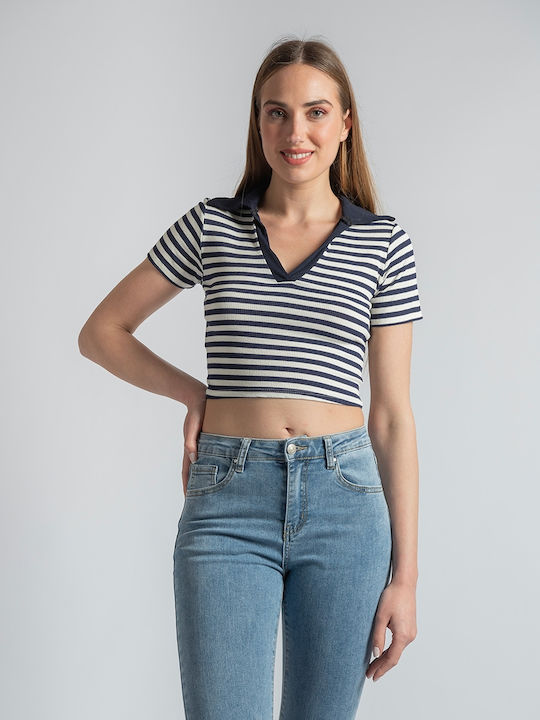 InShoes Women's Summer Crop Top Short Sleeve Striped Navy Blue