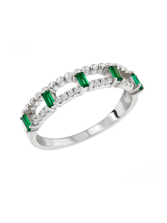 Silver 925 Ring with white cubic zirconia round and rectangular green stones in cut BAUGETTE ASZ-22072W