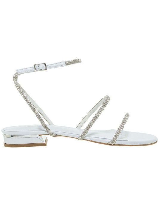 Mourtzi Leather Women's Sandals with Ankle Strap with Strass White